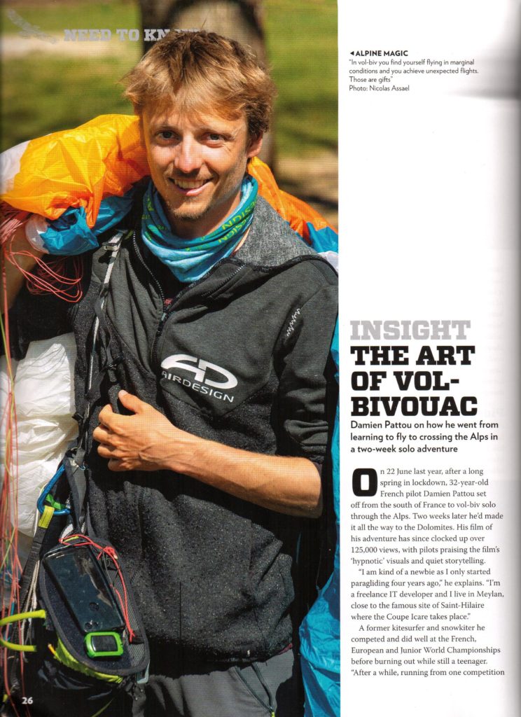 extrait de Cross Country Magazine, article sur l'aventure en vol-bivouac de Damien Pattou avec leBipBip+.