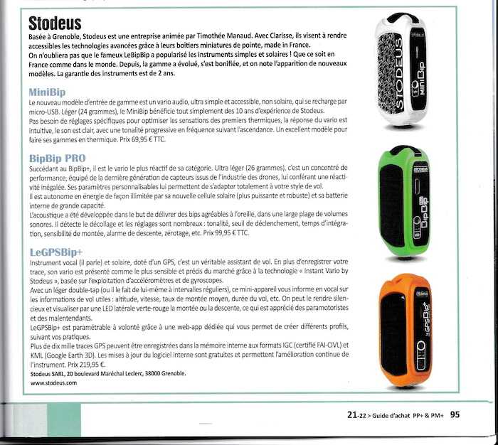 GPS et variomètres Stodeus miniBip, BipBip PRO et GPSBip+ dans le guide d'achat 2021 de Parapente Plus