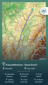 Trace du vol record de 368 km en parapente par François Montuori avec l'UltraBip sur le LogBook Stodeus